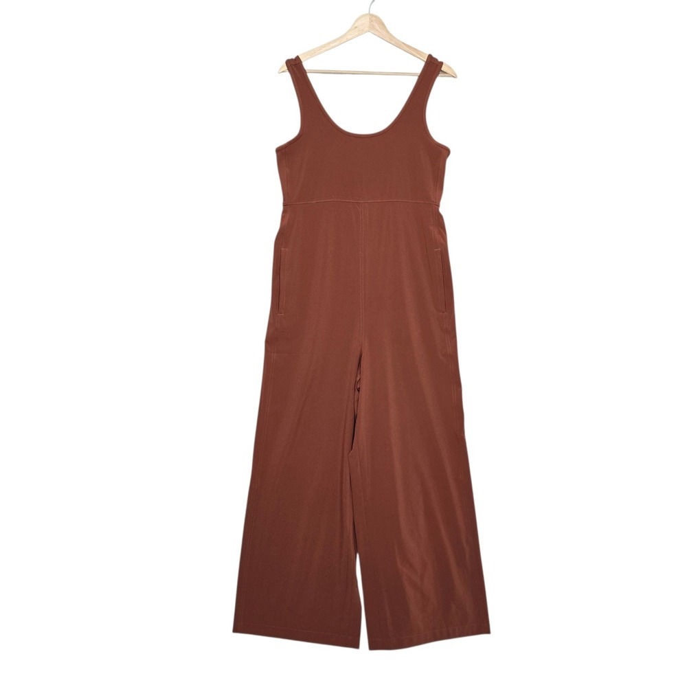 Athleta Womens Terracotta Brown Ribbed Wide Leg Sleeveless Jumpsuit Pockets S - Picture 2 of 7